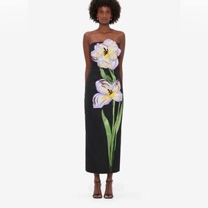 Floral Strapless Black Dress with Appliqué